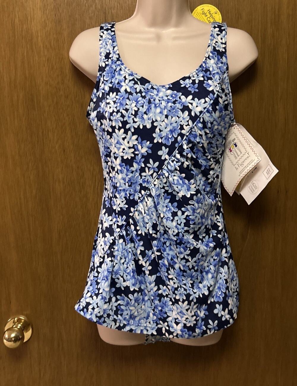 New VTG 90s IT FIGURES Size 16 Swim Suit Skirted Front FLoral BLue PRETTY G26